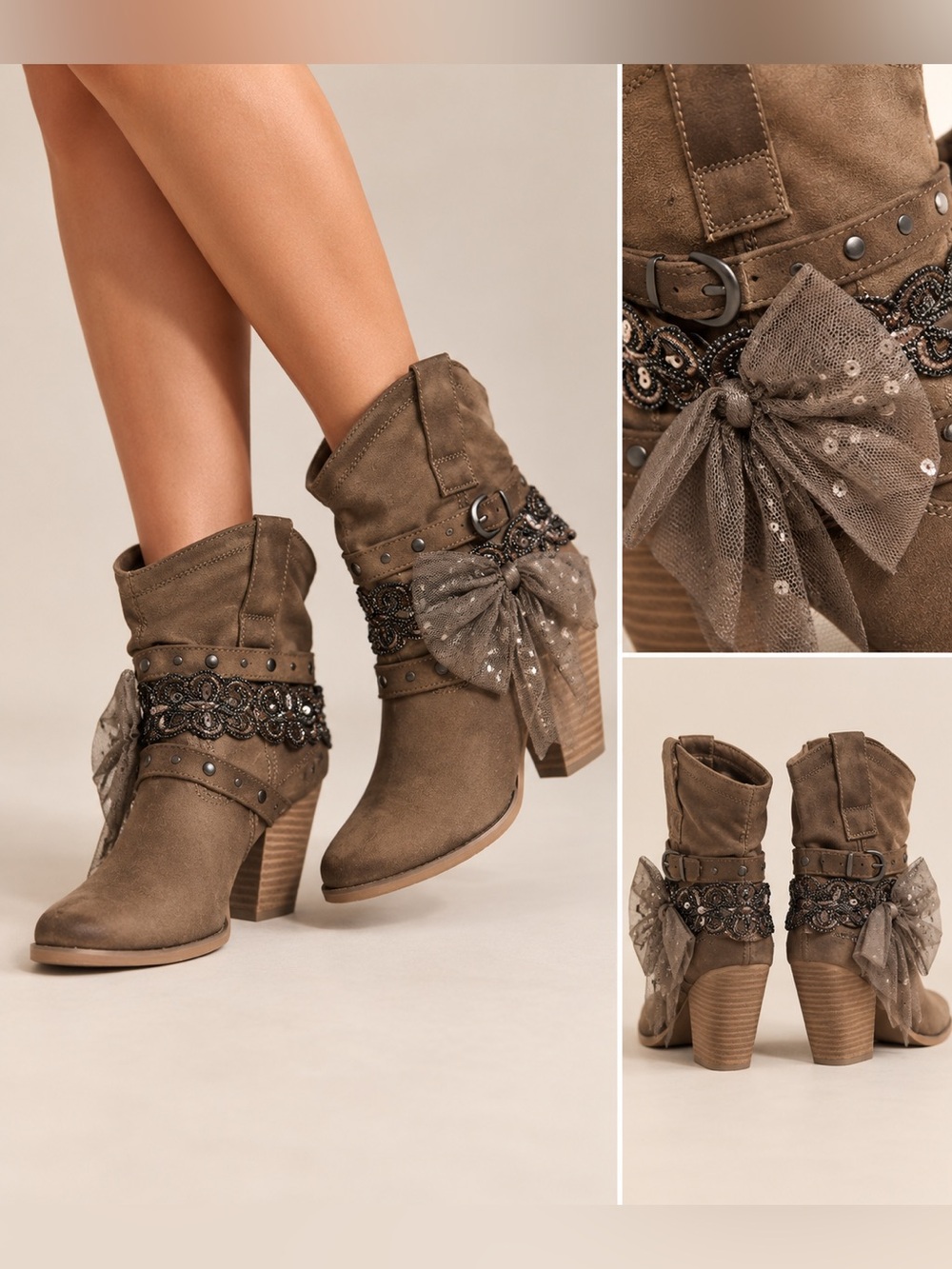 Not Rated - Wild Heart Gray Taupe Suede Mid-Calf Boot with Bow Size 7.5  NIB